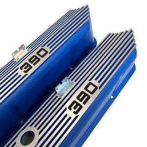 ansen custom engraving, ford fe 390 valve covers, tall, finned, blue, angled view