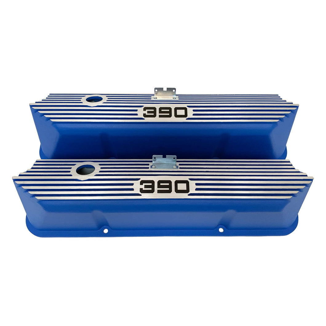 ansen custom engraving, ford fe 390 valve covers, tall, finned, blue, front view