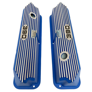 ansen custom engraving, ford fe 390 valve covers, tall, finned, blue, top view