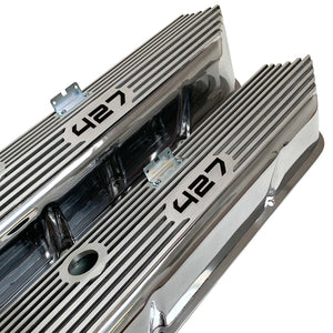 ansen custom engraving, ford fe 427 valve covers, polished, angled view