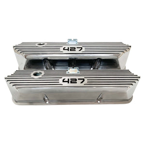 ansen custom engraving, ford fe 427 valve covers, polished, front view