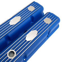 Load image into Gallery viewer, ansen custom engraving, ford fe short valve covers, blue, angled view