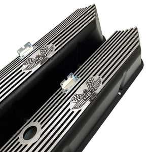 ansen custom engraving, ford fe tall 427 american eagle valve covers, black, angled view