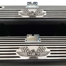 Load image into Gallery viewer, ansen custom engraving, ford fe tall 427 american eagle valve covers, black, close up view
