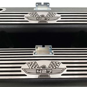 ansen custom engraving, ford fe tall 427 american eagle valve covers, black, close up view