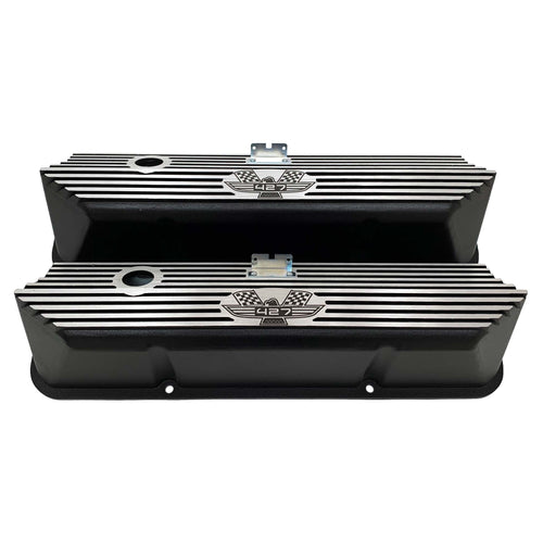 ansen custom engraving, ford fe tall 427 american eagle valve covers, black, front view