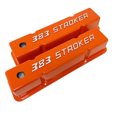 Load image into Gallery viewer, ansen custom engraving, 383 stroker small block chevy orange, angled view