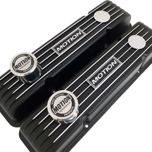 ansen custom engraving, baldwin motion valve covers, small block chevy, black, angled view