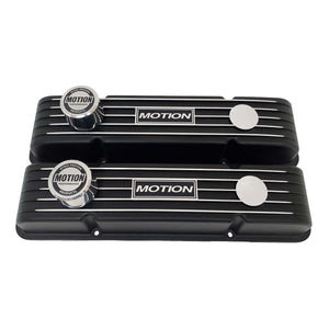 ansen custom engraving, baldwin motion valve covers, small block chevy, black, front view