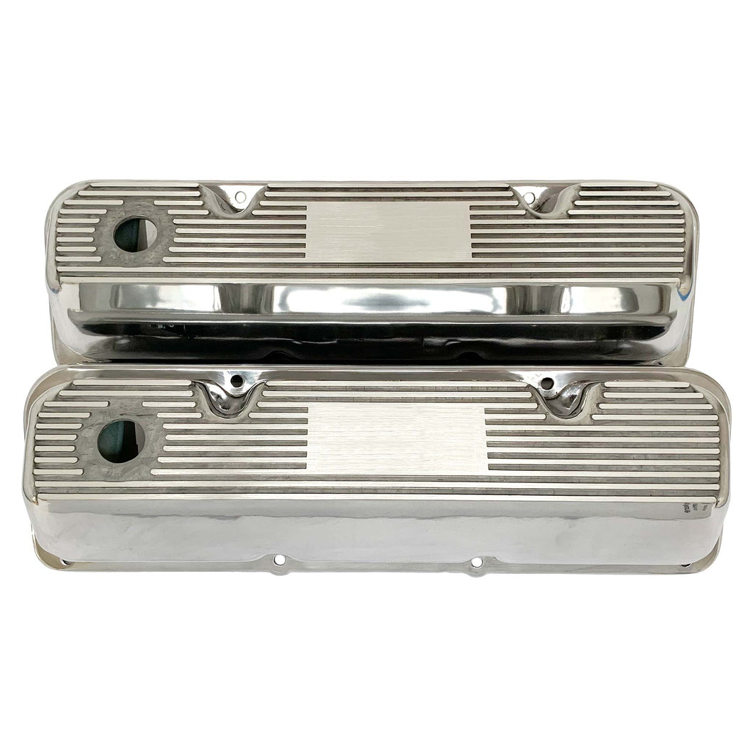 ansen custom valve covers, ford, 351 cleveland, polished, front view