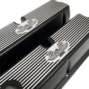 ansen custom engraving, ford 289 american eagle tall valve covers, black, angled view