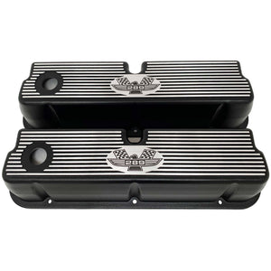 ansen custom engraving, ford 289 american eagle tall valve covers, black, front view
