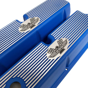 ansen custom engraving, ford 289 american eagle tall valve covers, blue, angled view