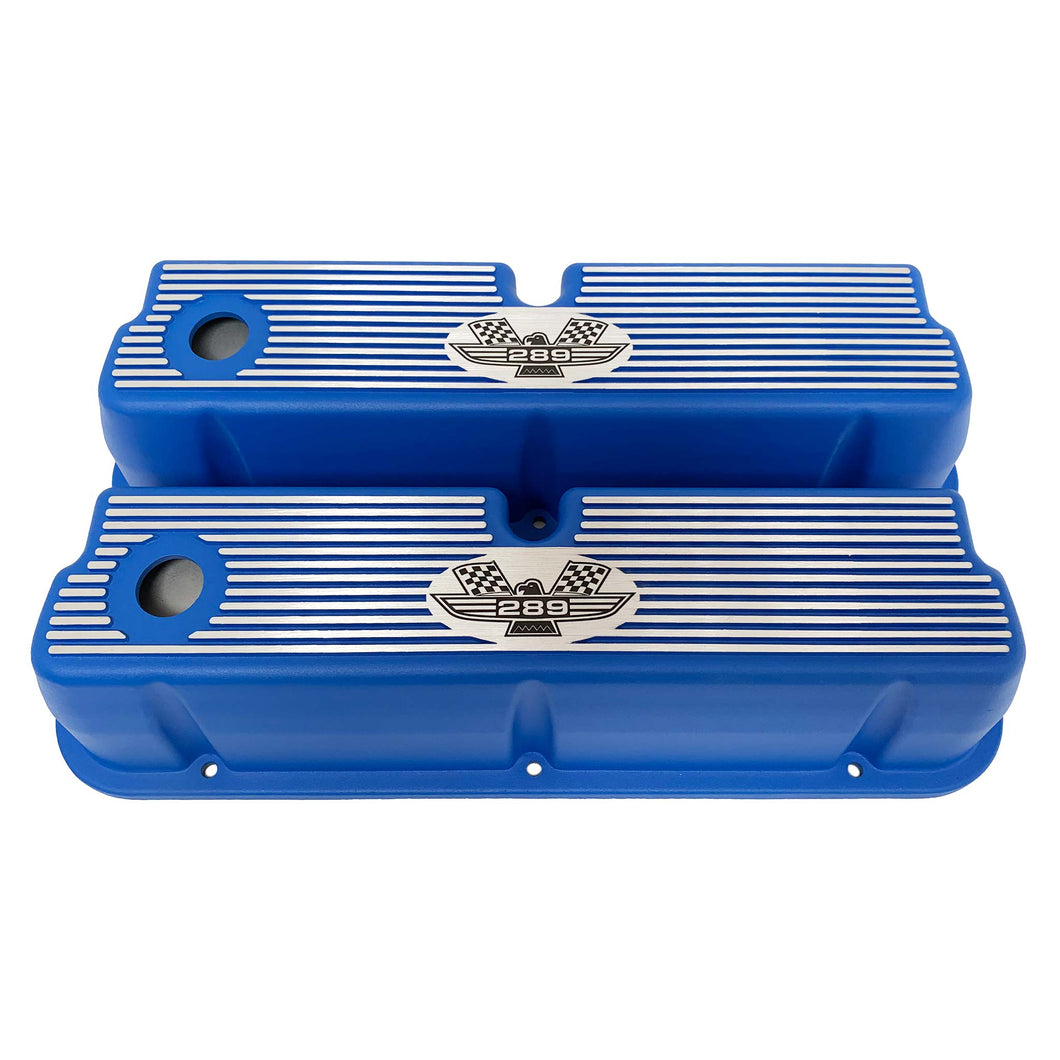 ansen custom engraving, ford 289 american eagle tall valve covers, blue, front view
