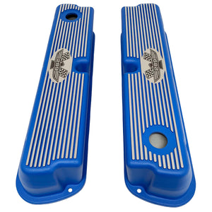 ansen custom engraving, ford 289 american eagle tall valve covers, blue, top view