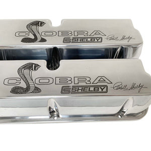 ansen custom engraving, ford shelby cobra valve covers, polished, premium series, close up view