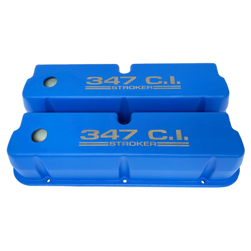 ansen valve covers, ford, 347 c.i. stroker, laser engraved, blue powder coat, front view
