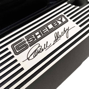 ansen custom engraving, ford 351 cleveland valve covers, carroll shelby signature logo, black, close up view