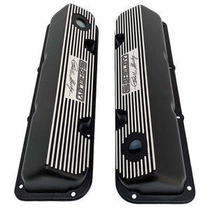 ansen custom engraving, ford 351 cleveland valve covers, carroll shelby signature logo, black, top view