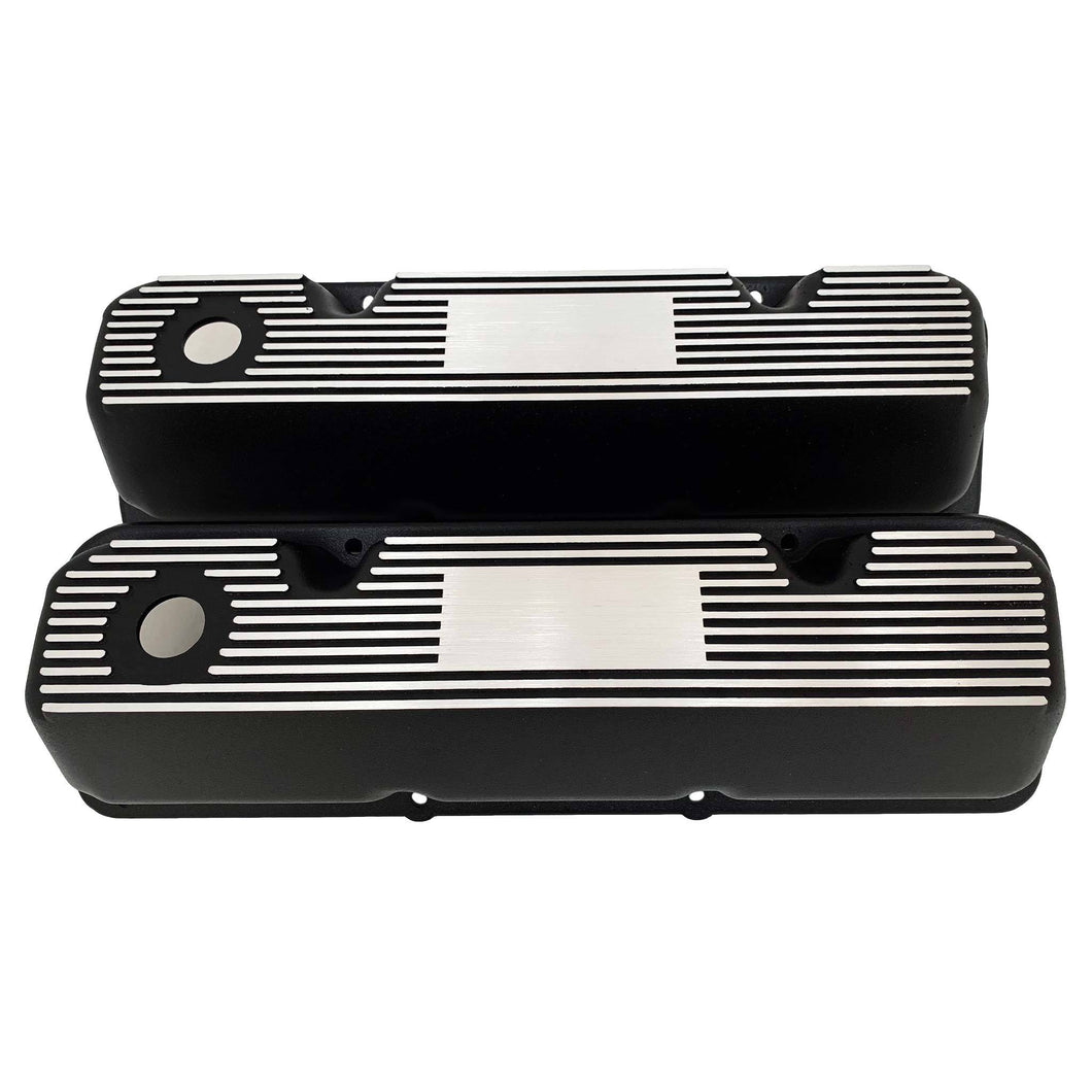 ansen custom engraving, ford 351 cleveland custom valve covers, black, front view