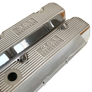 ansen, ford 351 cleveland valve covers, die cast logo, polished, angled view