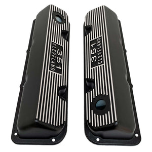 ansen usa, ford 351 cleveland valve covers, die-cast logo, black, top view