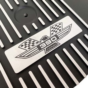 ansen custom engraving, ford fe tall 390 american eagle, air cleaner lid kit, black, close up view