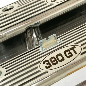ford fe 390 gt valve covers, tall, finned, polished, ansen usa, angled view