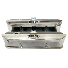 Load image into Gallery viewer, ford fe 390 gt valve covers, tall, finned, polished, ansen usa, front view