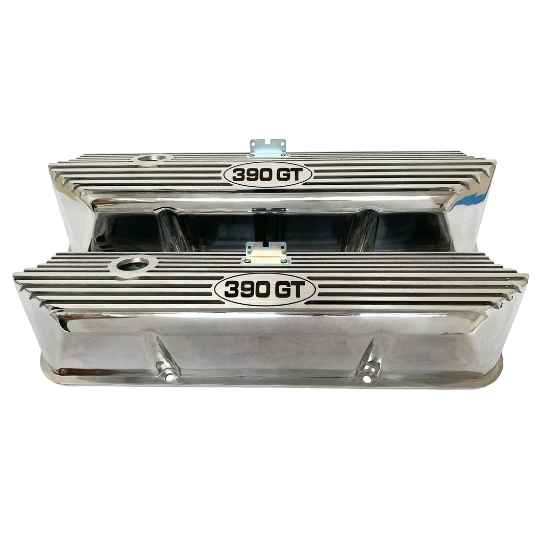 ford fe 390 gt valve covers, tall, finned, polished, ansen usa, front view