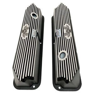 ford fe 390 american eagle valve covers, tall, finned, black, ansen usa, top view