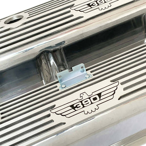ford fe 390 american eagle outline valve covers, tall, finned, polished, ansen usa, angled view