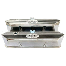Load image into Gallery viewer, ford fe 390 american eagle outline valve covers, tall, finned, polished, ansen usa, front view