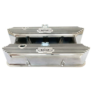 ford fe 390 american eagle outline valve covers, tall, finned, polished, ansen usa, front view