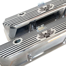 Load image into Gallery viewer, ford fe 390 american eagle valve covers, tall, finned, polished, ansen usa, angled view