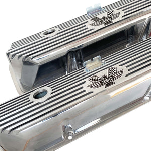 ford fe 390 american eagle valve covers, tall, finned, polished, ansen usa, angled view