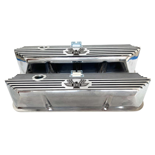 ford fe 390 american eagle valve covers, tall, finned, polished, ansen usa, front view