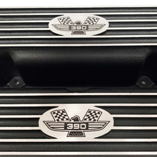 Load image into Gallery viewer, ansen custom engraving, ford fe short valve covers, american eagle logo, black, close up view