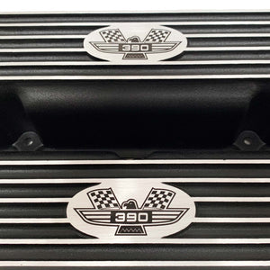 ansen custom engraving, ford fe short valve covers, american eagle logo, black, close up view
