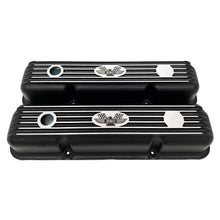 Load image into Gallery viewer, ansen custom engraving, ford fe short valve covers, american eagle logo, black, front view
