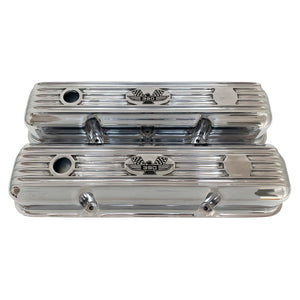 ansen custom engraving, ford fe 390 valve covers american eagle polished, front view