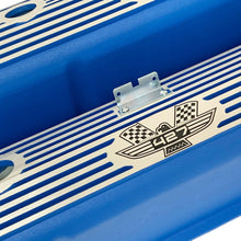 Load image into Gallery viewer, ansen valve covers, ford, fe 427, tall, american eagle, laser engraved, blue powder coat, angled view