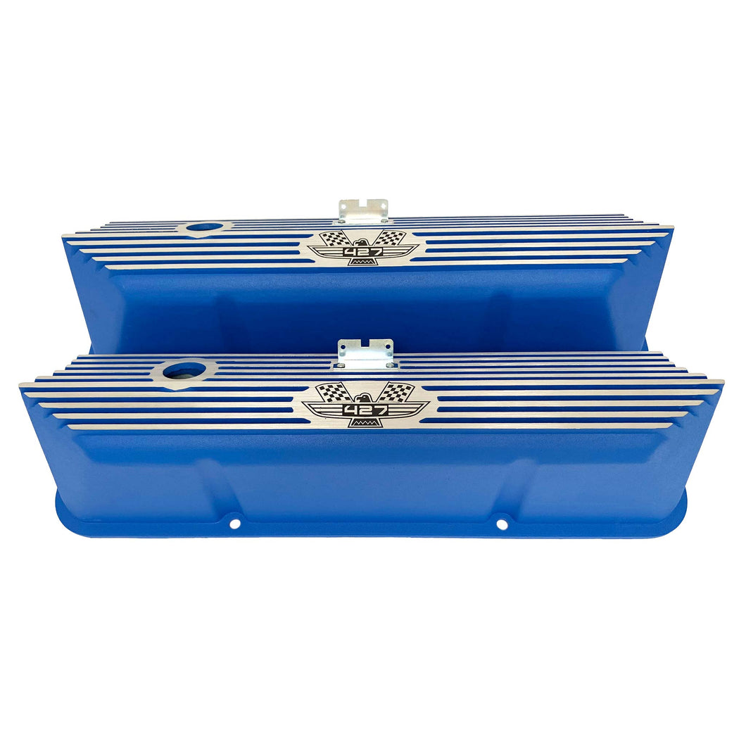ansen valve covers, ford, fe 427, tall, american eagle, laser engraved, blue powder coat, front view