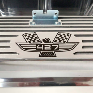 ansen valve covers, ford, fe 427, tall, american eagle, laser engraved, polished, close up view