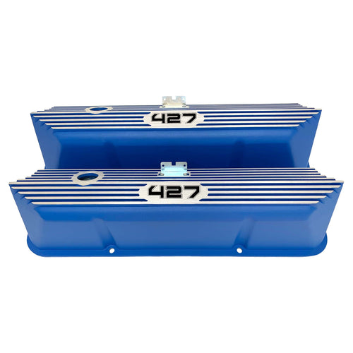 ansen custom engraving, ford fe 427 valve covers, tall, finned, blue, front view