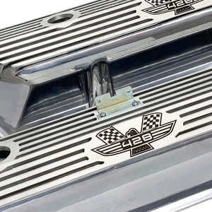 ansen valve covers, ford, fe 428, american eagle, laser engraved, polished, angled view