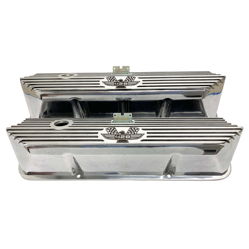 ansen valve covers, ford, fe 428, american eagle, laser engraved, polished, front view