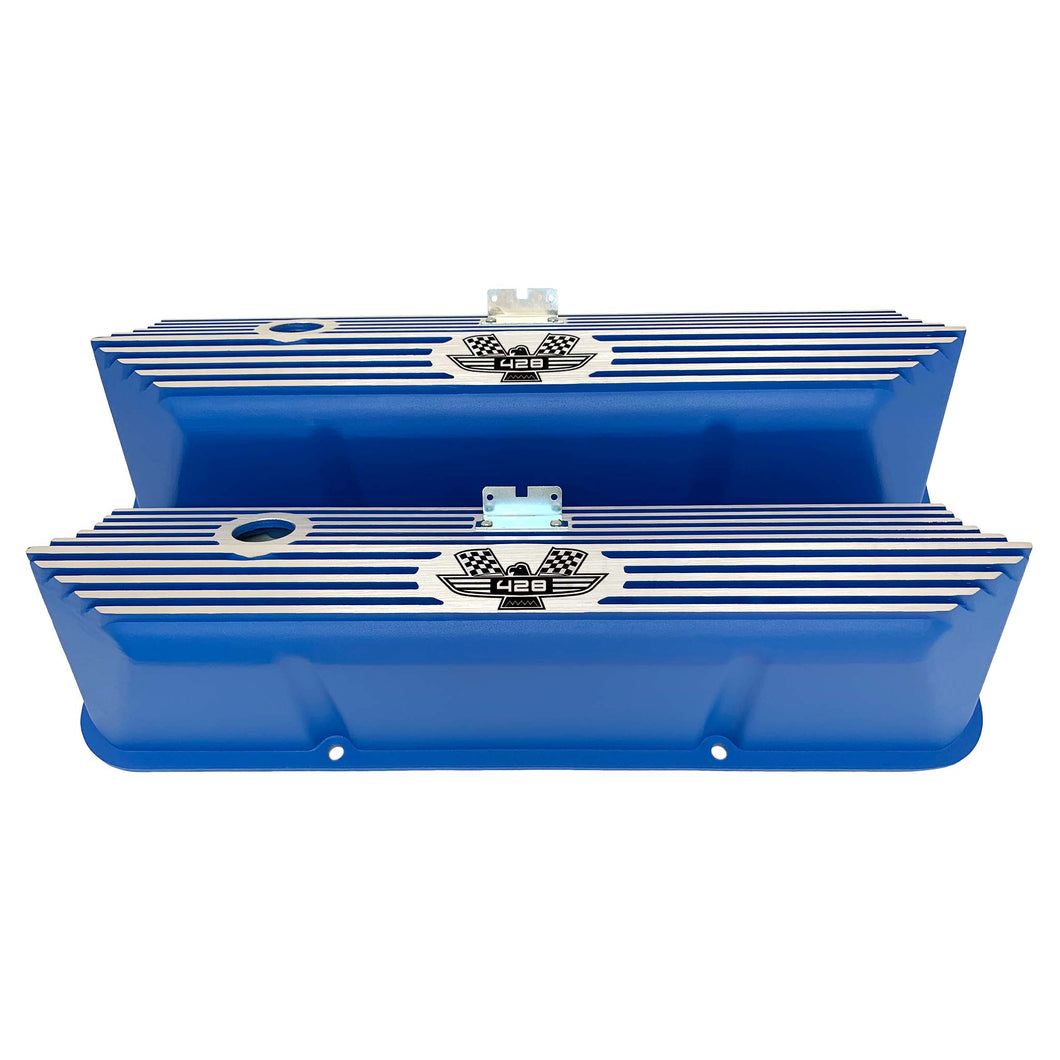 ansen valve covers, ford, fe 428, tall, american eagle, laser engraved, blue powder coat, front view