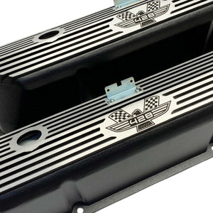 ansen valve covers, ford, fe 428, american eagle, laser engraved, black powder coat, angled view