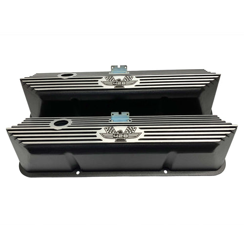 ansen valve covers, ford, fe 428, american eagle, laser engraved, black powder coat, front view